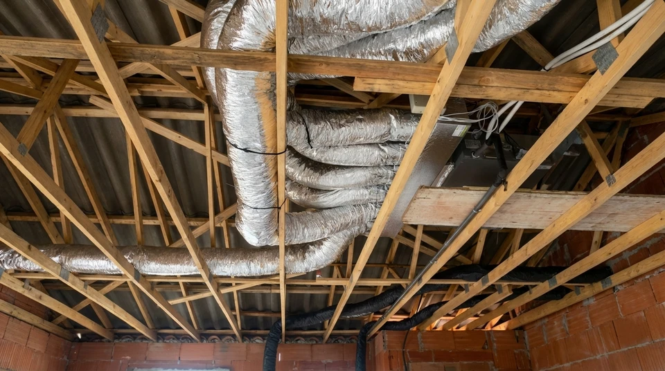 Plombier en uniforme bleu installant un radiateur à ailettes blanches dans une maison en construction