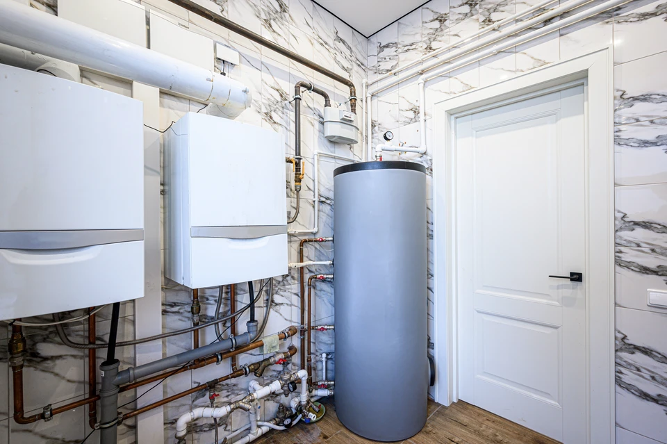 Chauffe-eau dans la chaufferie d'un immeuble résidentiel