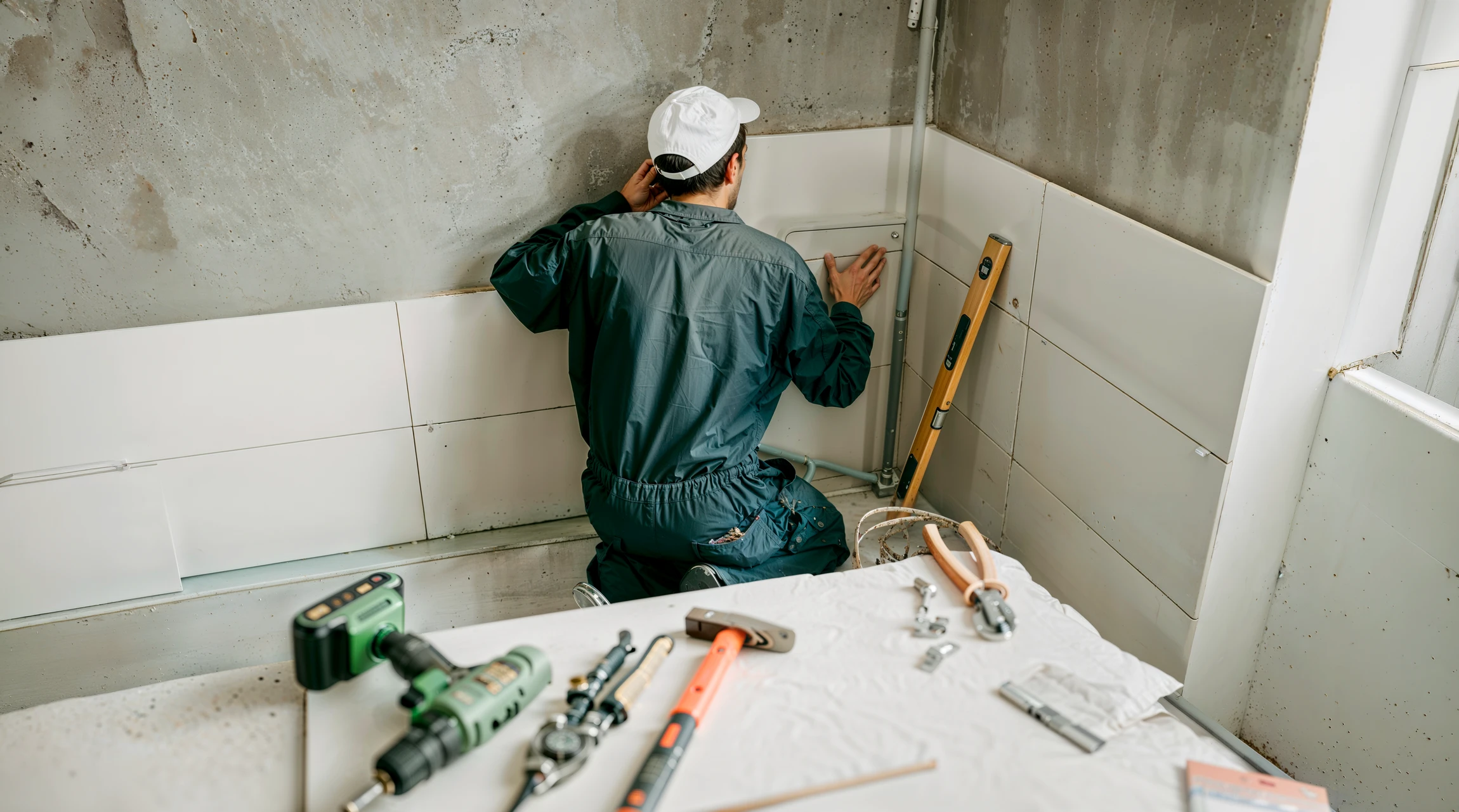 Plombier intervenant dans cuisine moderne, agenouill&eacute; devant &eacute;vier avec caisson ouvert